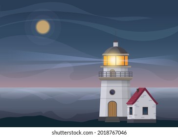 Lighthouse tower and small house on the seashore . Beautiful seascape at dusk with lighthouse. Vector illustration
