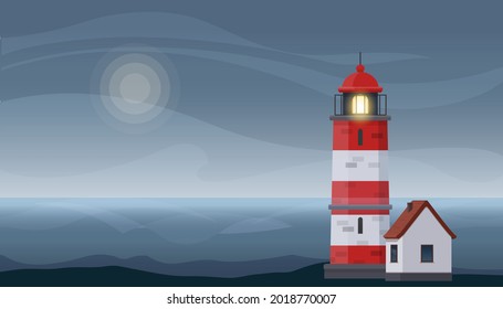 Lighthouse tower and small house on rocky coast. Beautiful seascape at dusk with lighthouse. Vector illustration in flat style