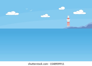 Lighthouse Tower Standing on Rocky Seashore Under Sun Shining in Blue Cloudy Sky. Marine Landscape with Red and White Beacon Stand on Seaside. Tranquil Nautical Background, Cartoon Vector Illustration