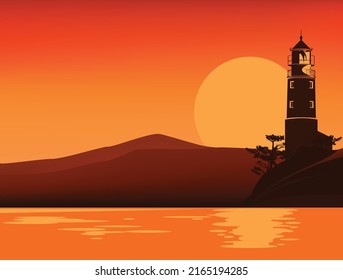 lighthouse tower at sunset with pine tree and sea shore in background - wilderness discovery travelling vector silhouette scene