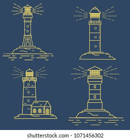 Lighthouse tower.Navigation beacon for the ships.Landscape sea with waves a beacon and seagulls.Flat line art vector.Cartoon building.