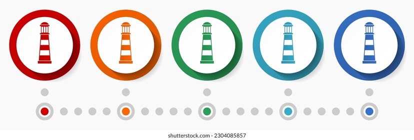 Faro, concepto de viaje conjunto de iconos vectoriales, plantilla infográfica, diseño plano de botones web coloridos en 5 opciones de color