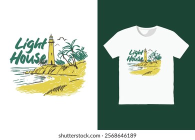 Lighthouse t-shirt design for apparel in drawing style