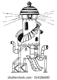 lighthouse tubes metal stairs surreal fictional story retro