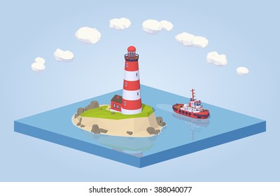 Lighthouse and tugboat. 3D lowpoly isometric vector concept illustration