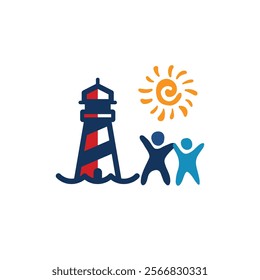 A lighthouse, two human figures, and a sun, symbolizing guidance, community, and warmth