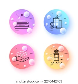 Lighthouse, Typewriter and Buildings minimal line icons. 3d spheres or balls buttons. Hold box icons. For web, application, printing. Beacon tower, Instruction, City architecture. Vector