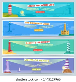 Lighthouse vector banner, the sea beacon lighter for ship beaming path of lighting from seaside coast set of backdrop illustration. Lighthouses marine background