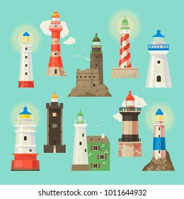 Lighthouse vector beacon lighter beaming path of lighting to ses from seaside coast illustration set of lighthouses isolated on white background