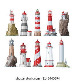 Lighthouse vector beacon lighter beaming path of lighting to ses from seaside coast illustration set of lighthouses isolated on white background