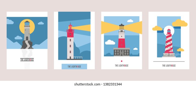 Lighthouse vector beacon lighter beaming path of lighting from seaside coast illustration set of lighthouses isolated on background.