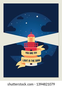 Lighthouse vector beacon lighter beaming path of lighting from seaside coast backdrop illustration lighthouses marine background banner.