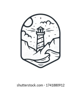 the lighthouse vector design badge. badges and logo patches. Mountain tourism, hiking. Forest camp labels in vintage style, Camping outdoor adventure emblems