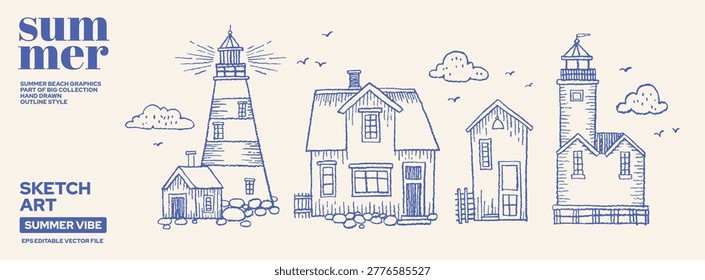 Lighthouse vector design. Sketch light house and sea beacon illustration. Nautical marine tower icon. Lighthouse set, water and ship beacon poster. Vintage simple drawing. Kid crayon sketch bg