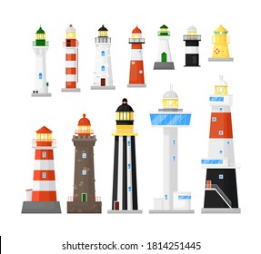 Lighthouse vector. Different kind of search tower with searchlight beam icon isolated set. Vector marine ship navigation construction sending travel sailing signal illustration. Sea pharos or beacon