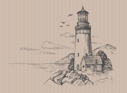 Lighthouse Vector Drawing, Seascape And Nature Doodle
