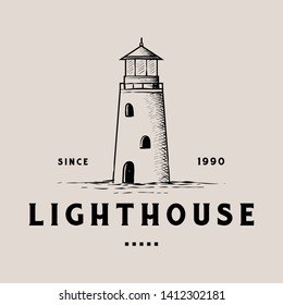 Lighthouse vector drawing, seascape and nature doodle - Vector