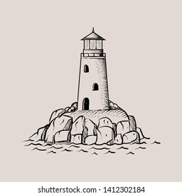 Lighthouse vector drawing, seascape and nature doodle - Vector