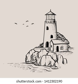 Lighthouse vector drawing, seascape and nature doodle - Vector
