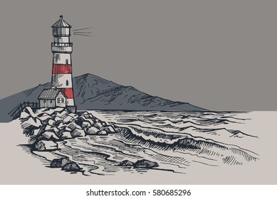 Lighthouse Vector Drawing, Seascape And Nature Doodle