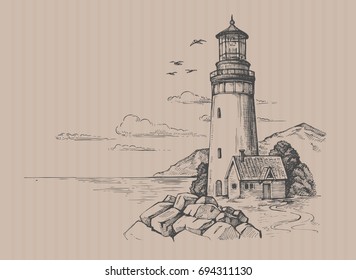 Lighthouse vector drawing, seascape and nature doodle