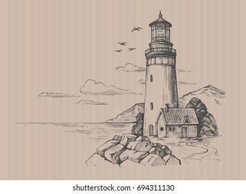 Lighthouse Vector Drawing, Seascape And Nature Doodle