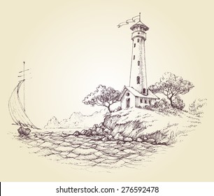 Lighthouse vector drawing, seascape and sailboat at sea, travel background