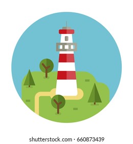 lighthouse vector flat icon travel circle island holiday Island lighthouse isolated vector flat illustration with lighthouse on the hill with boat in the sea. Different boats, house, barn isolated.