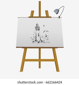 Lighthouse vector hand drawn illustration on easel