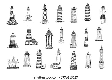 Conjunto de ilustraciones dibujadas a mano por vectores de faro