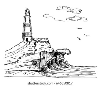 Lighthouse vector hand drawn illustrations. Sea sketch with rocks and lighthouse. Hand drawn illustration  vector.


