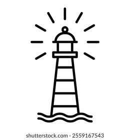 Lighthouse vector icon with rays of light. Editable stroke