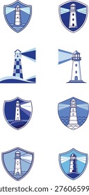 Lighthouse Vector Icon Set with Coastal Searchlight and Shield Security Emblems
