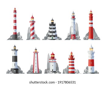 Lighthouse vector icons set of nautical towers with beacon lights. Sea coast or ocean beach rocks and lighthouse buildings with blue, red, white stripes and searchlight beams isolated symbols