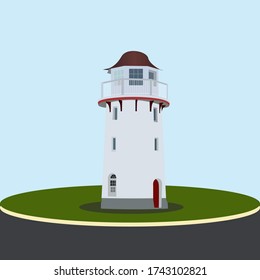 Lighthouse vector illustration, Blue background on green, Lighthouse in nature
