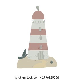Lighthouse. Vector illustration in cartoon children's style. Isolated on white background