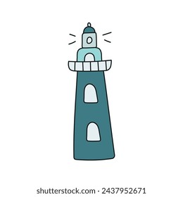 Lighthouse. Vector illustration in doodle style. Isolated on white background