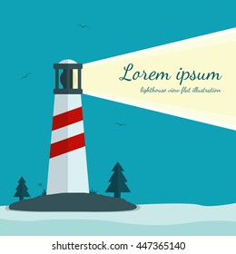 Lighthouse vector illustration in flat design. Beacon on island with trees, grass and seagulls. Bright light can be used as a background for text. 