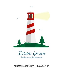 Lighthouse vector illustration in flat design. Beacon on island with trees, grass and seagulls. Isolated on white background.