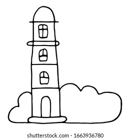 Lighthouse vector illustration, hand drawn ink engraving design. Marine theme concept illustration.Vector sketch illustration for print, web, mobile and infographics on white background.