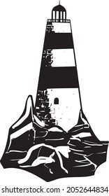Lighthouse vector illustration. Hand drawn black and white seascape