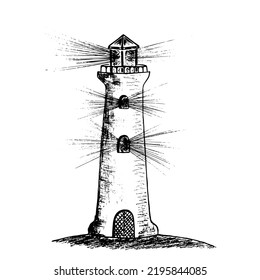 Lighthouse vector illustration. Hand drawn style beacon. Marine navigation biulding. Coastal pharos beacon seamark screed. Lighthouse on sea shore. Hope salvation symbol. Harbor direction concept