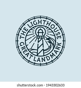 Lighthouse Vector Illustration Logo Design. Lighthouse or Beacon Premium Logo Design. Ocean, Wave, Sun, Beacon and Lighthouse Logo Concept Inspiration. Modern and Minimalist Nautical Logo Concept