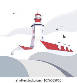 Lighthouse vector illustration. Nautical sea landscape white lighthouse red roof. Graphic vector cartoon illustration beacon web banner, postcard, poster, print. Green seashore minimalist illustration