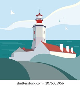 Lighthouse vector illustration. Nautical sea landscape white lighthouse red roof. Graphic vector cartoon illustration beacon web banner, postcard, poster, print. Green seashore minimalist illustration