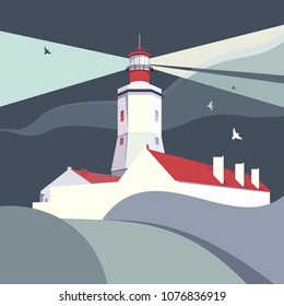 Lighthouse vector illustration. Nautical sea landscape white lighthouse red roof. Graphic vector cartoon illustration beacon web banner, postcard, poster, print. Green seashore minimalist illustration