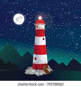 lighthouse vector illustration, night sky background, eps 10 vector
