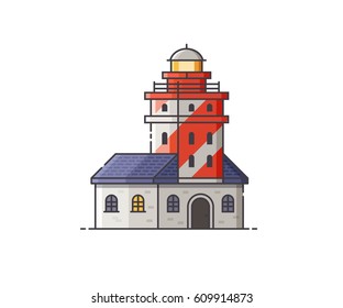 Lighthouse vector illustration. Red light house building isolated on white background. Sea pharos or seamark isolated on white background.