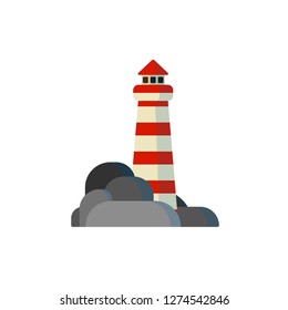 Lighthouse vector illustration. Retro lighthouse and rocks isolated on white background.