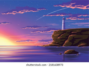 lighthouse vector illustration at sunset